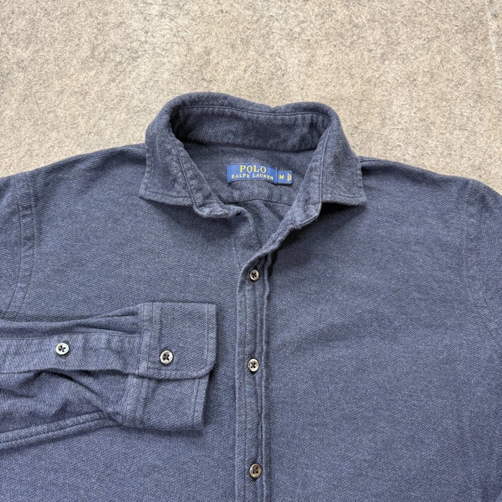 Polo Ralph Lauren Knit Shirt Men M Blue Long Sleeve Button Up Stretch